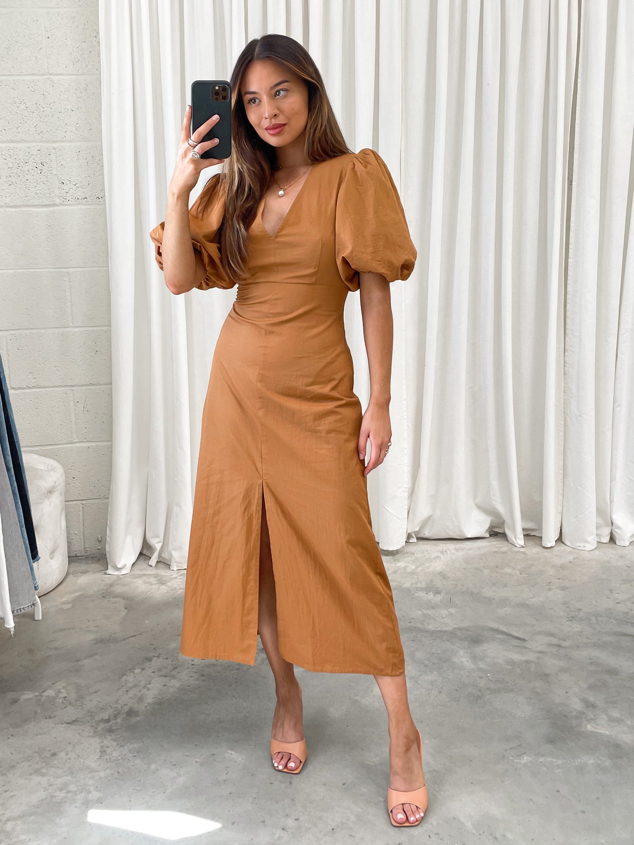 Alara Puff Sleeve Dress - Brown