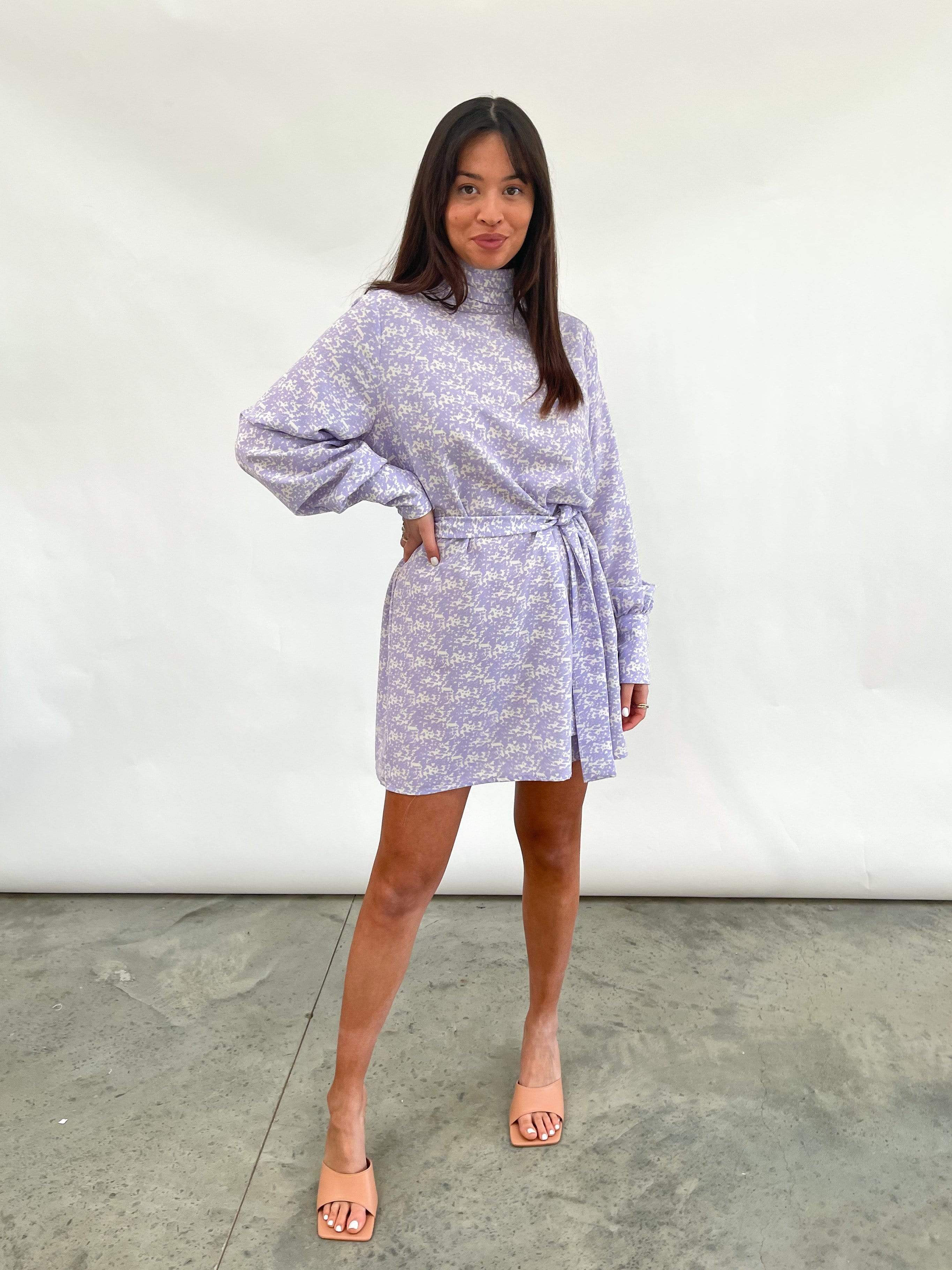 Leah Belted Smock Dress - Lilac Abstract (4827782086749)
