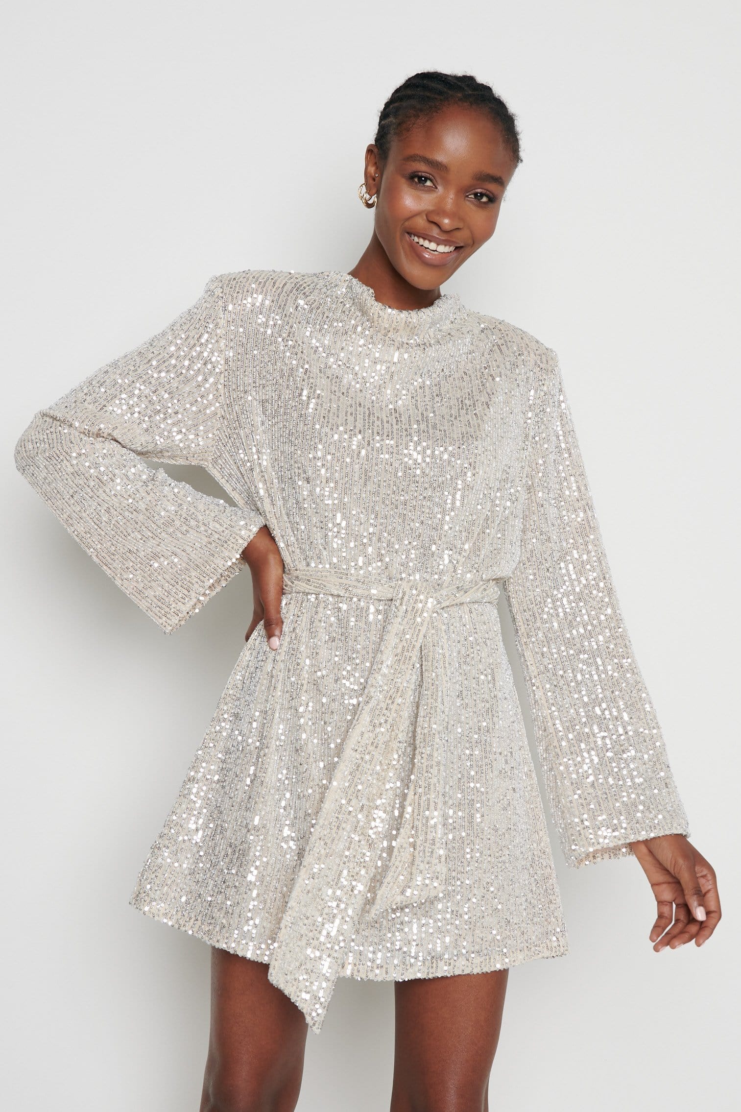 Jayda Sequin Cowl Neck Dress - Silver Pretty Lavish Jayda Sequin Cowl Neck Dress - Silver Pretty Lavish