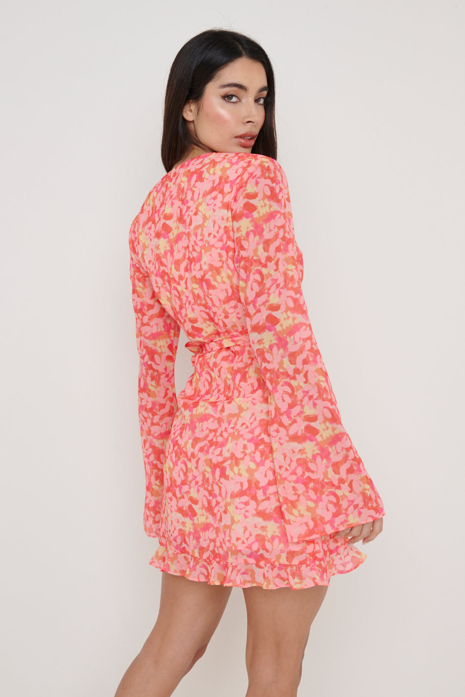 Jessica V-neck Wrap Mini Dress Orange and Pink Floral