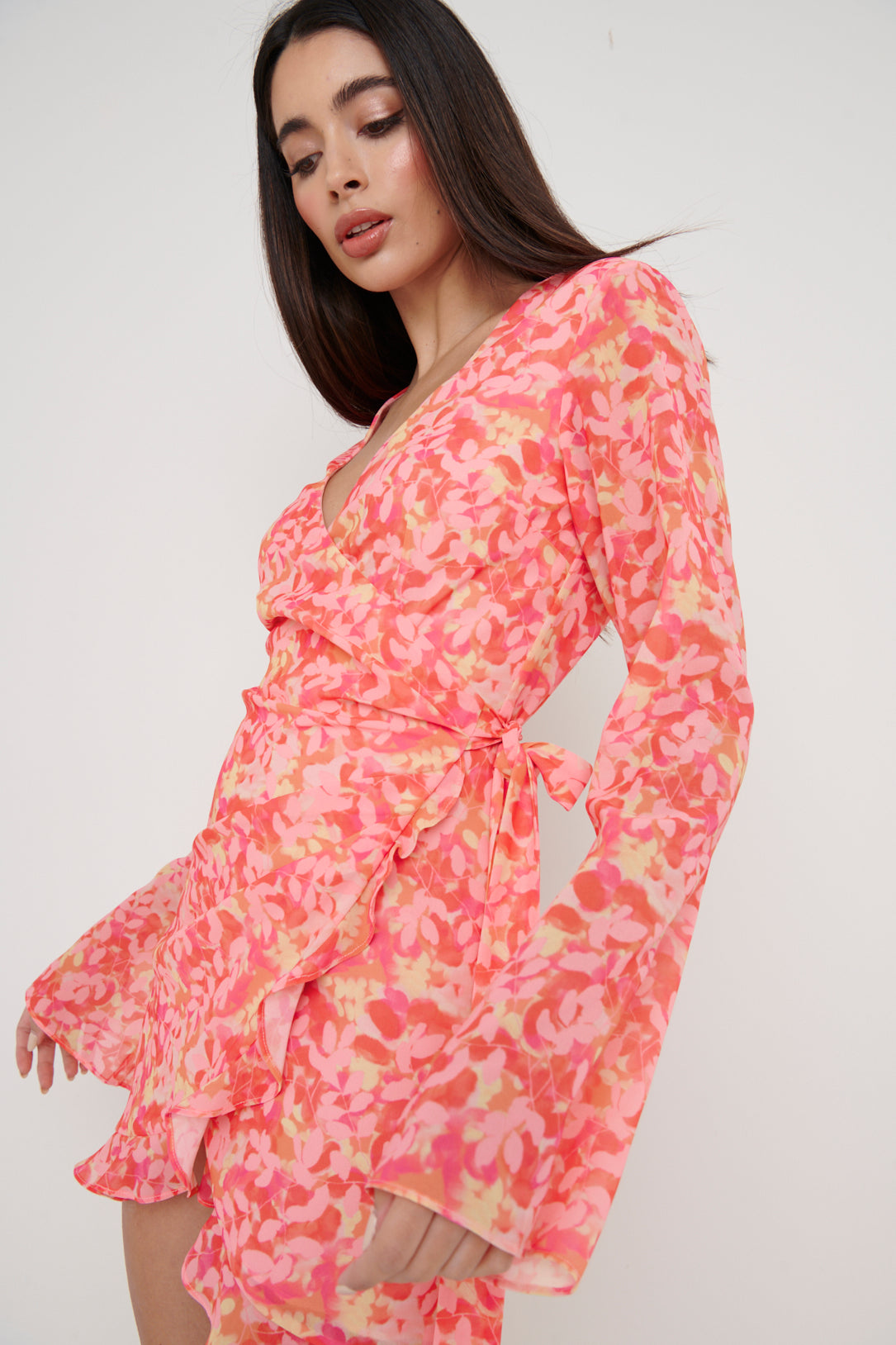 Jessica V-neck Wrap Mini Dress Orange and Pink Floral