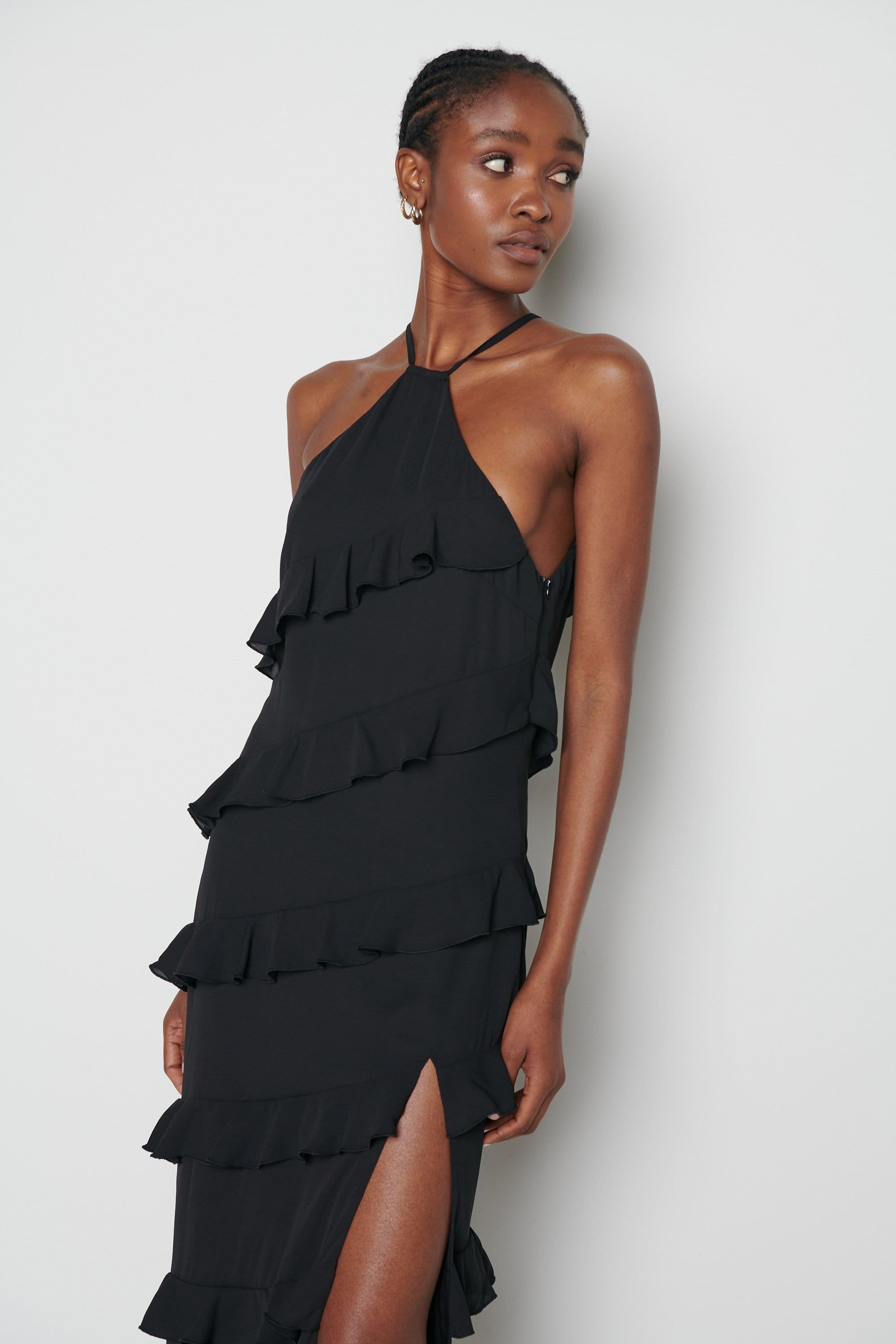 Black Side Slit Backless Maxi Dress With Ruffle Detail – ADONIS BOUTIQUE