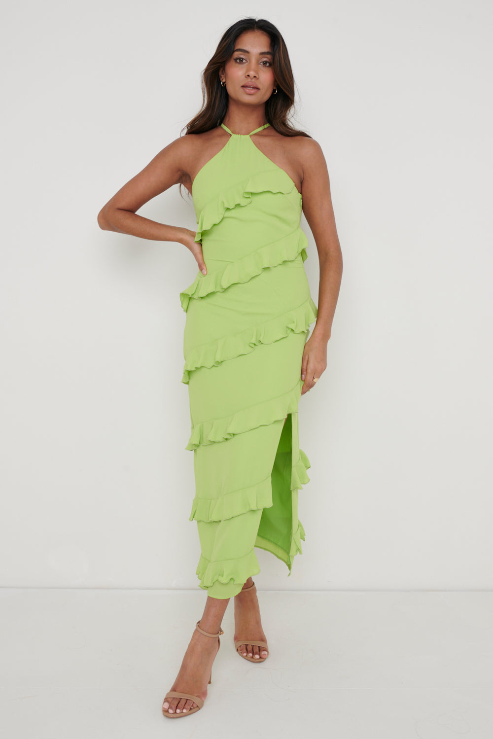 Katy Ruffle Midaxi Dress - Apple Green