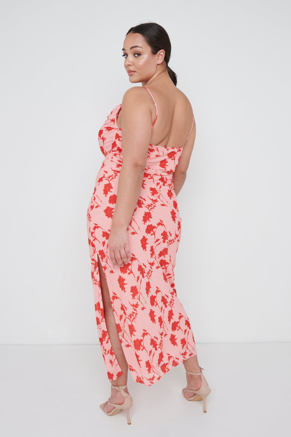 Keisha Ruched Midaxi Dress Curve - Pink and Red Floral
