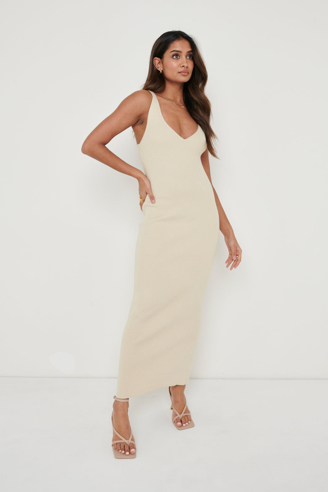 Lara Ribbed Midaxi Dress - Light Beige – Pretty Lavish