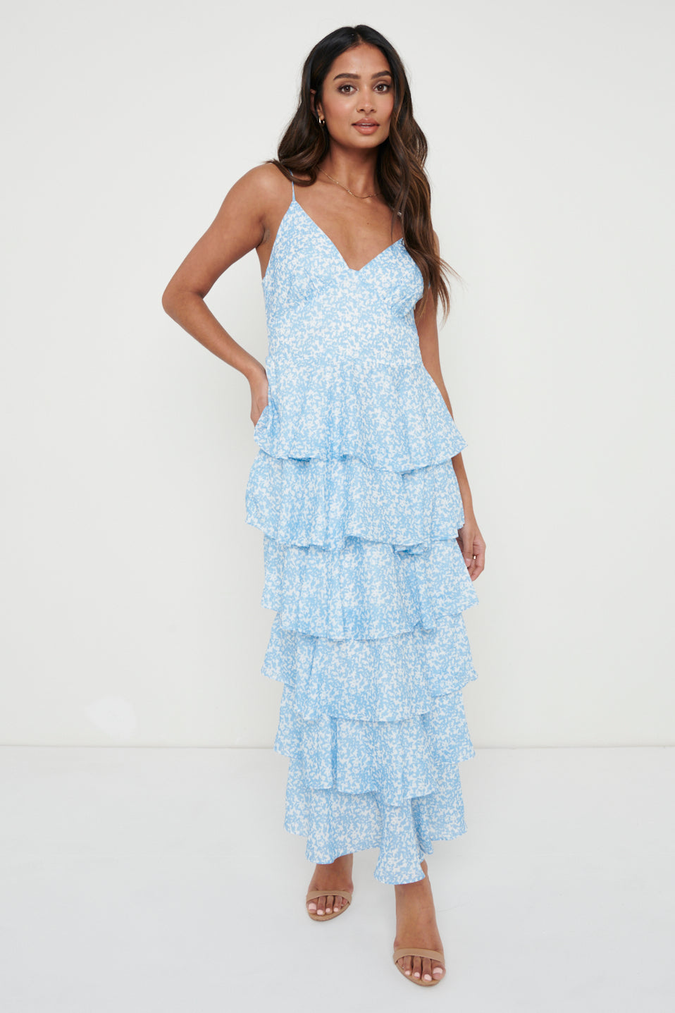 Lissy Ruffle Midaxi Dress - Blue Abstract