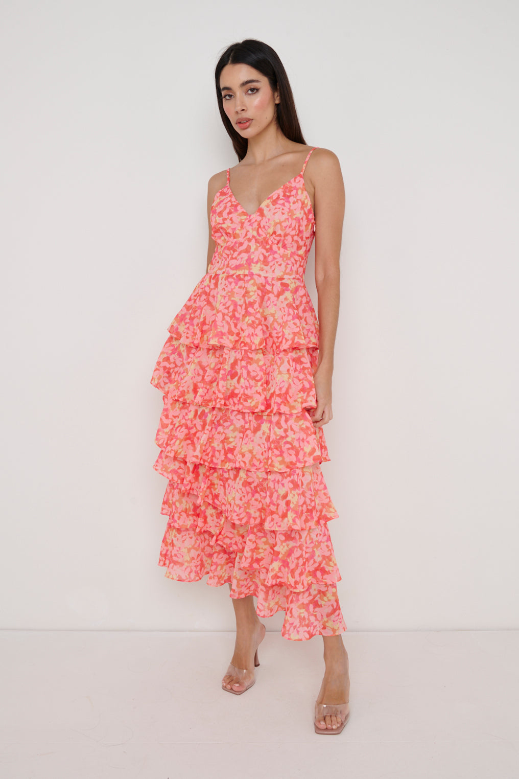 Lissy Ruffle Midaxi Dress - Orange and Pink Floral