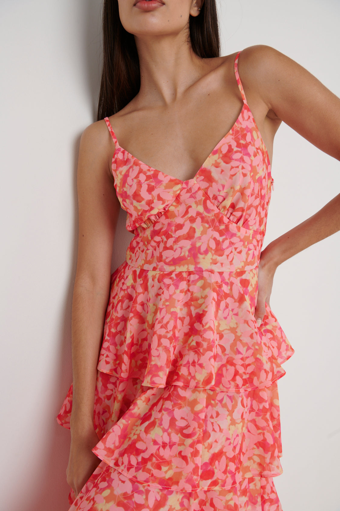 Lissy Ruffle Midaxi Dress - Orange and Pink Floral