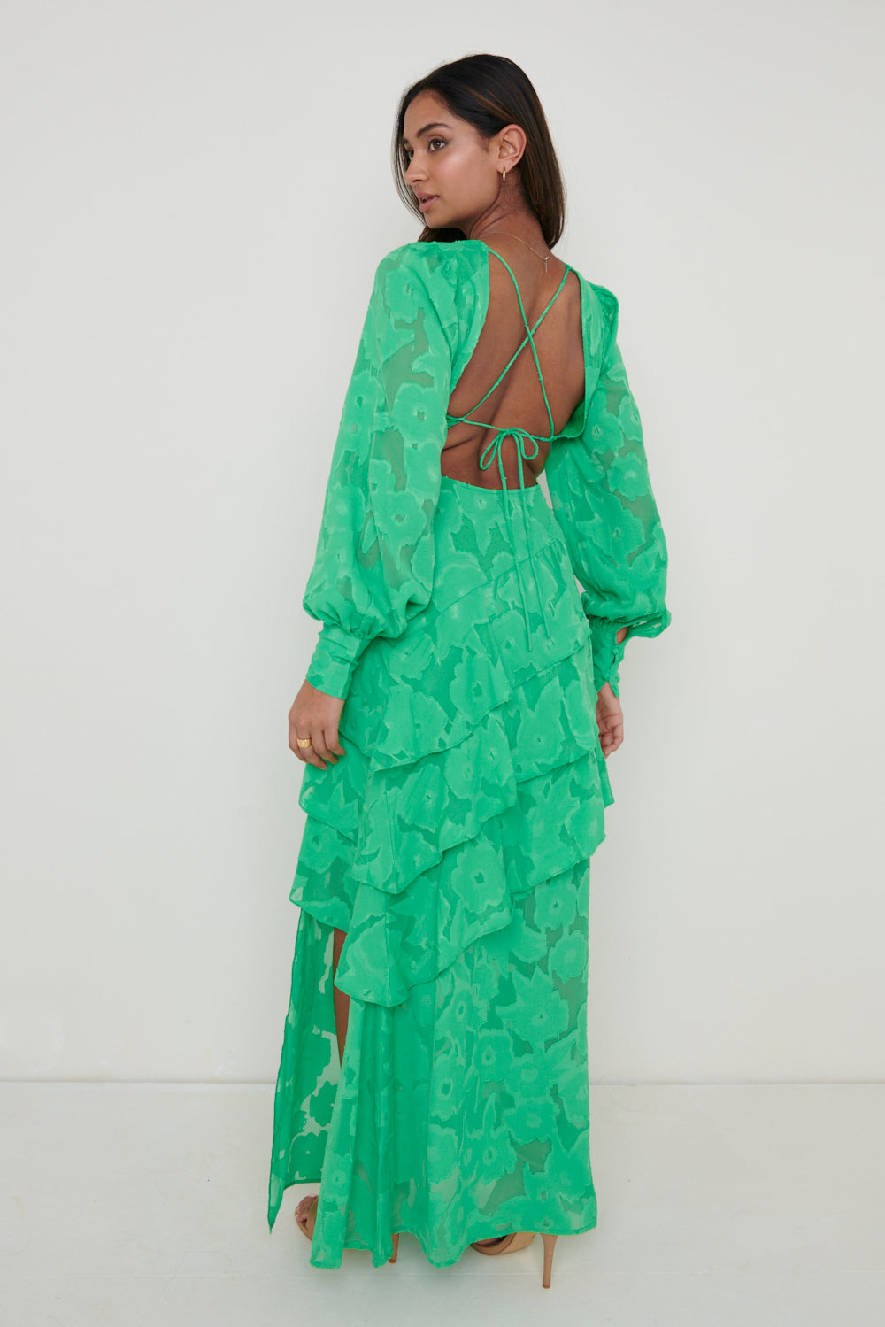Robe longue jacquard dos croisé Lois - vert émeraude