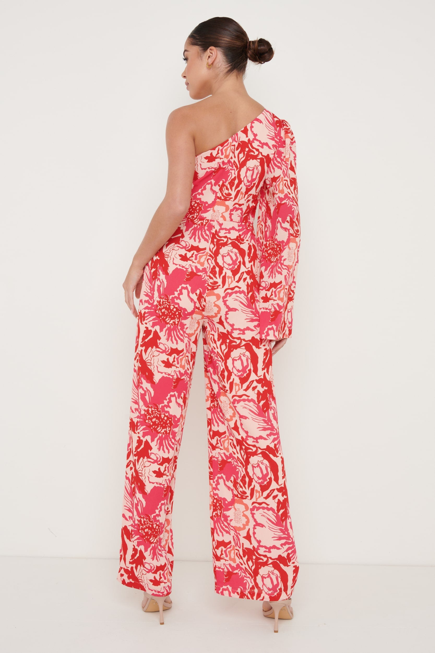 Maddie One Shoulder Printed Jumpsuit - Pink and Red Floral – Pretty Lavish