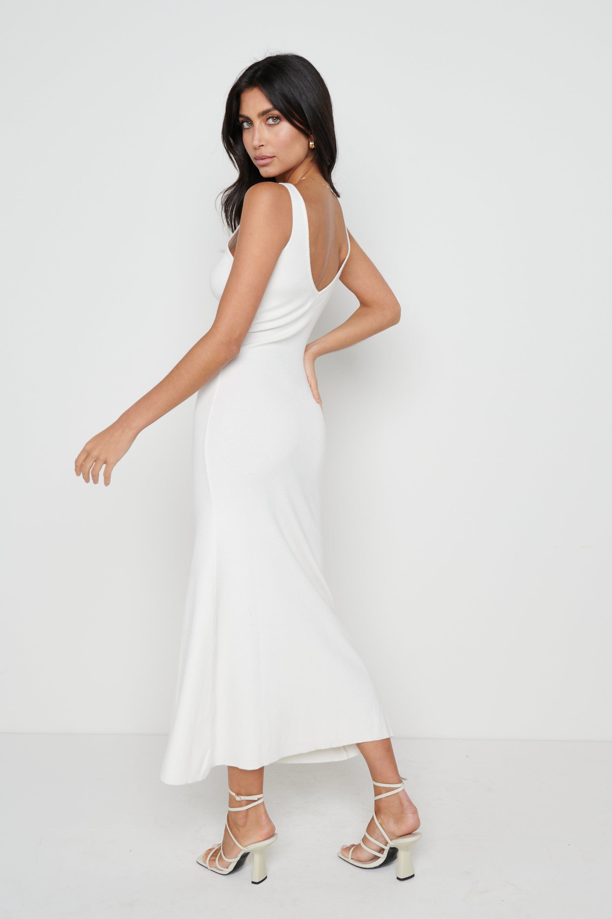 Mona V-neck A-line Knit Midaxi Dress White