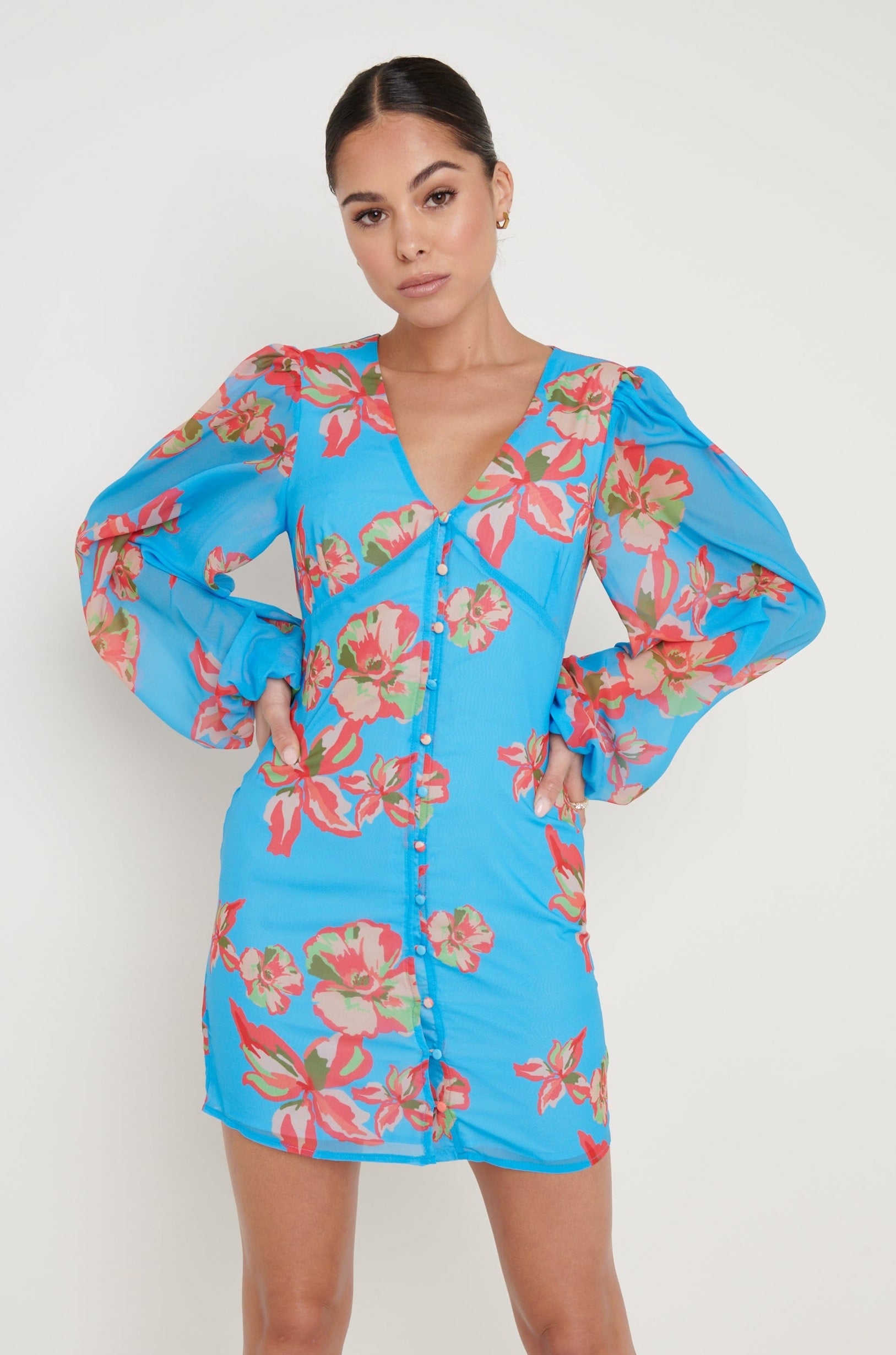 Naya Chiffon Mini Dress - Blue Floral