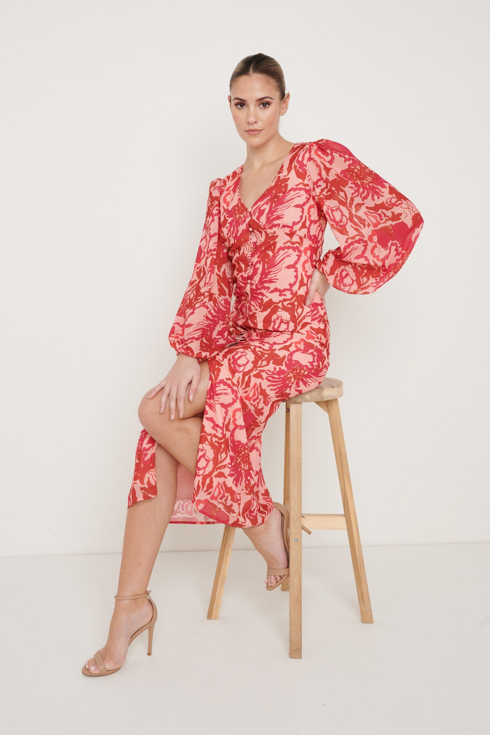 Naya Midaxi Dress - Pink and Red Floral
