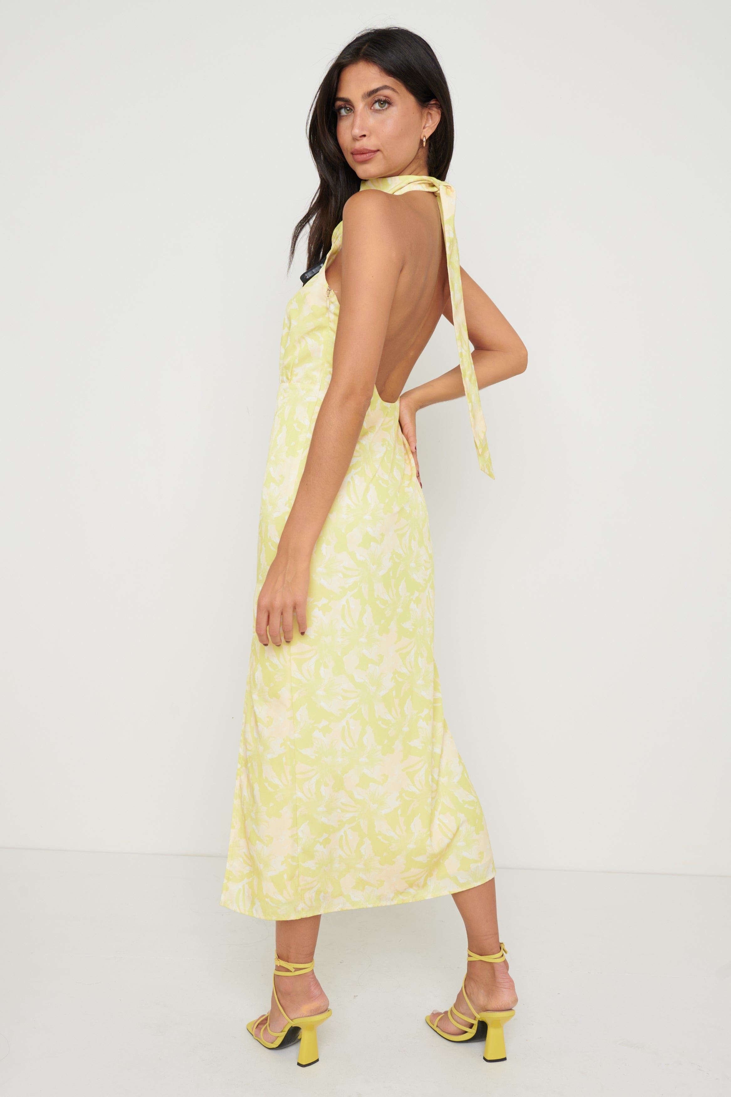 Odelle Backless Halter Tie Dress - Chartreuse Floral – Pretty Lavish