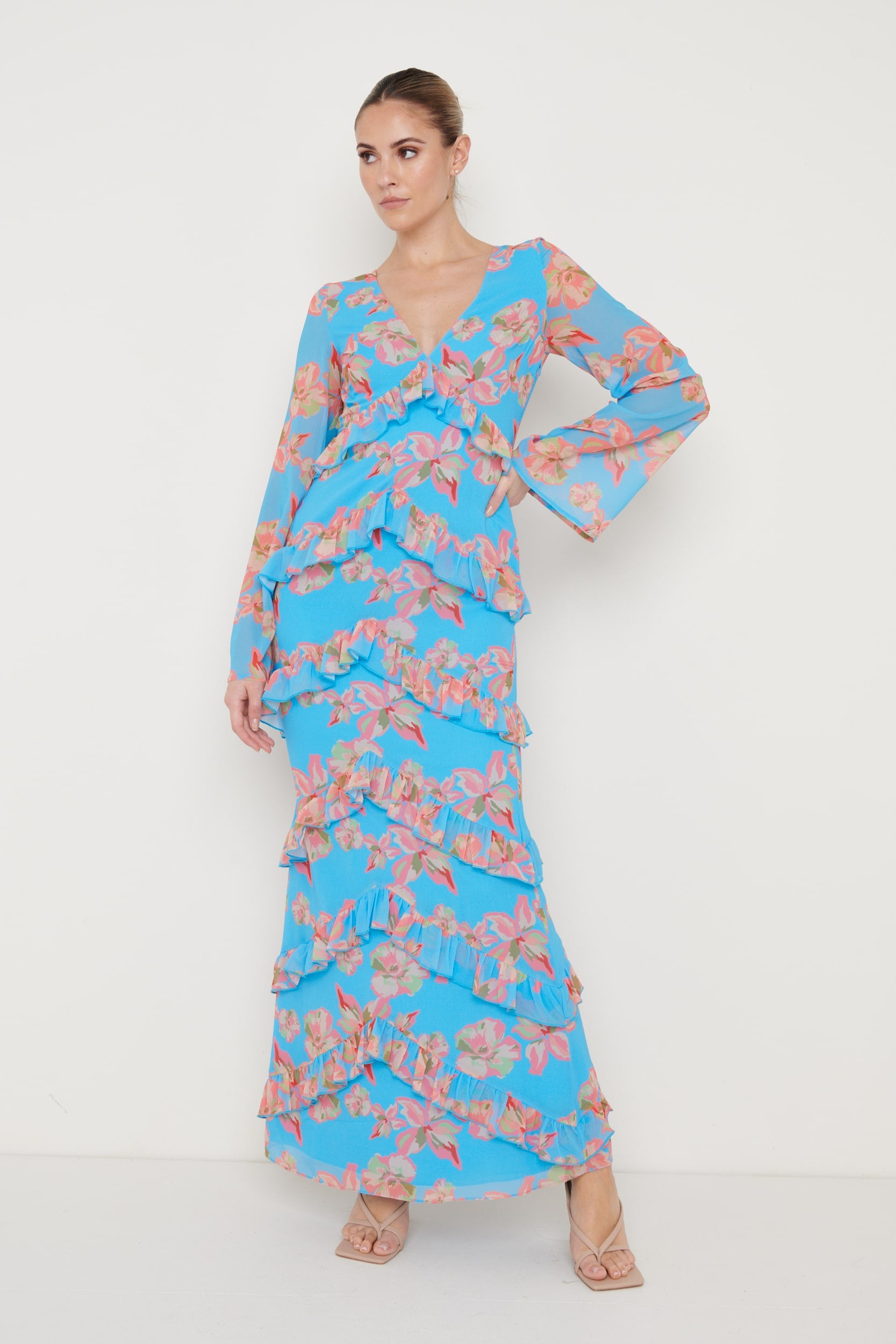 Paige Ruffle Maxi Dress - Blue Floral – Pretty Lavish