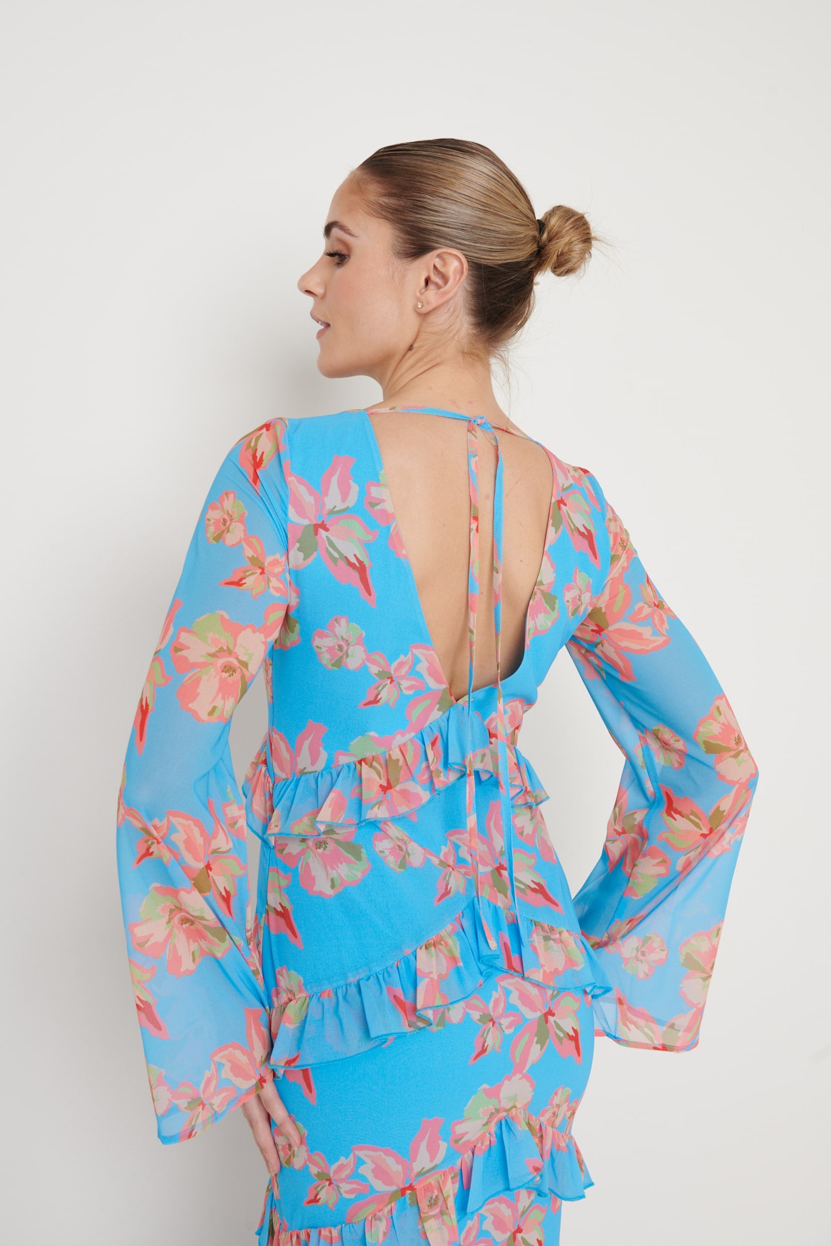 Robe longue à volants Paige - Floral bleu