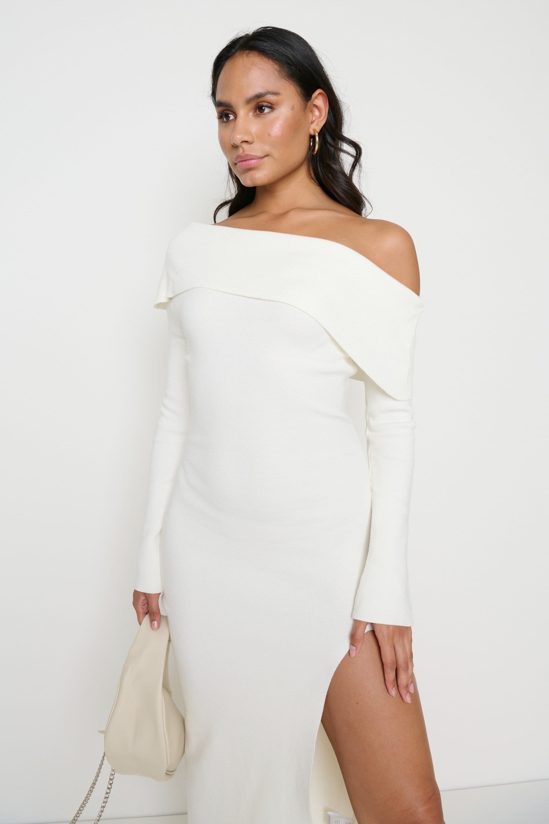 Payton Asymmetric Bardot Knit Dress - Cream