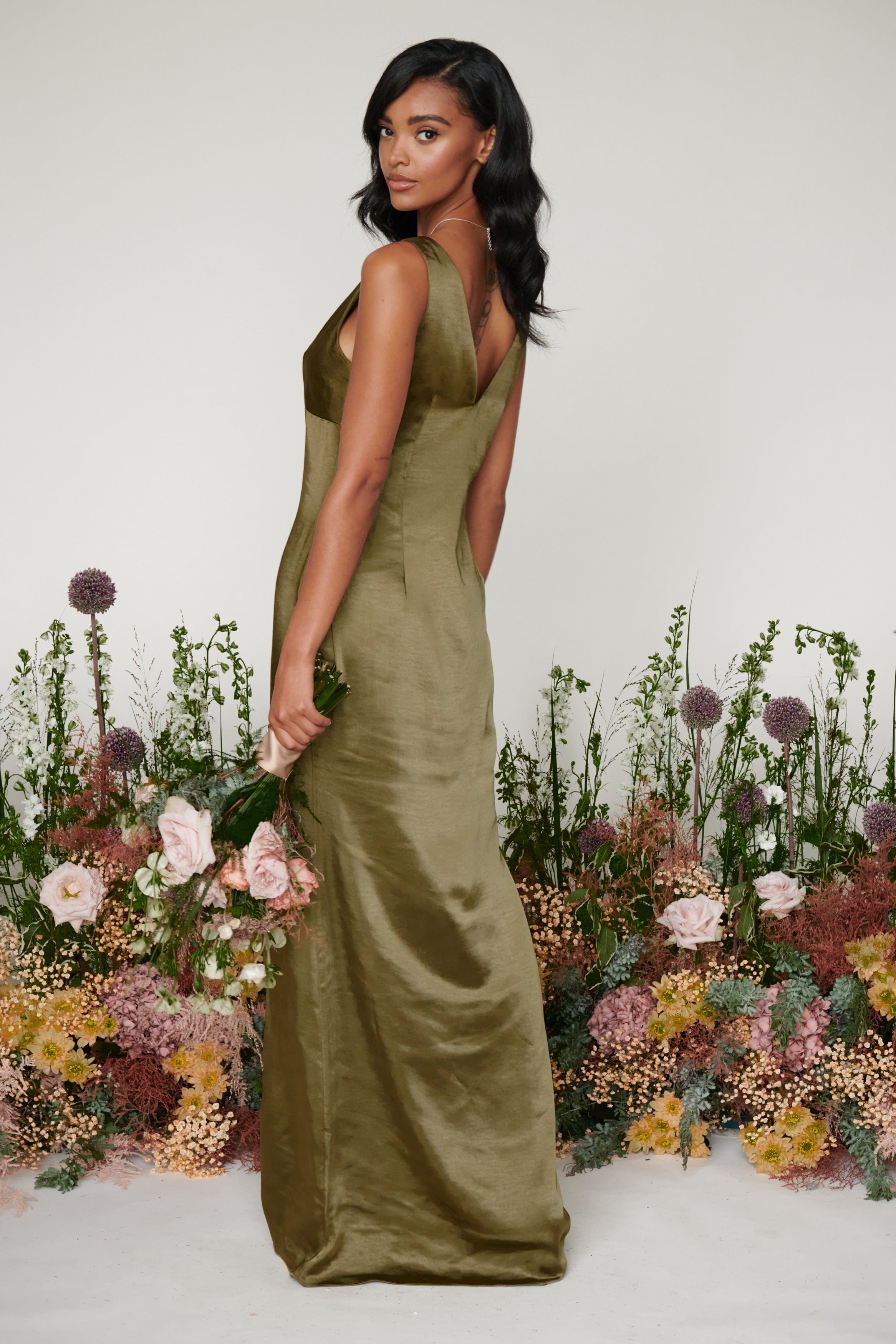 pretty lavish olive bridesmaid dress Pretty Lavish Bridesmaid Ines empire satin maxi dress in soft olive