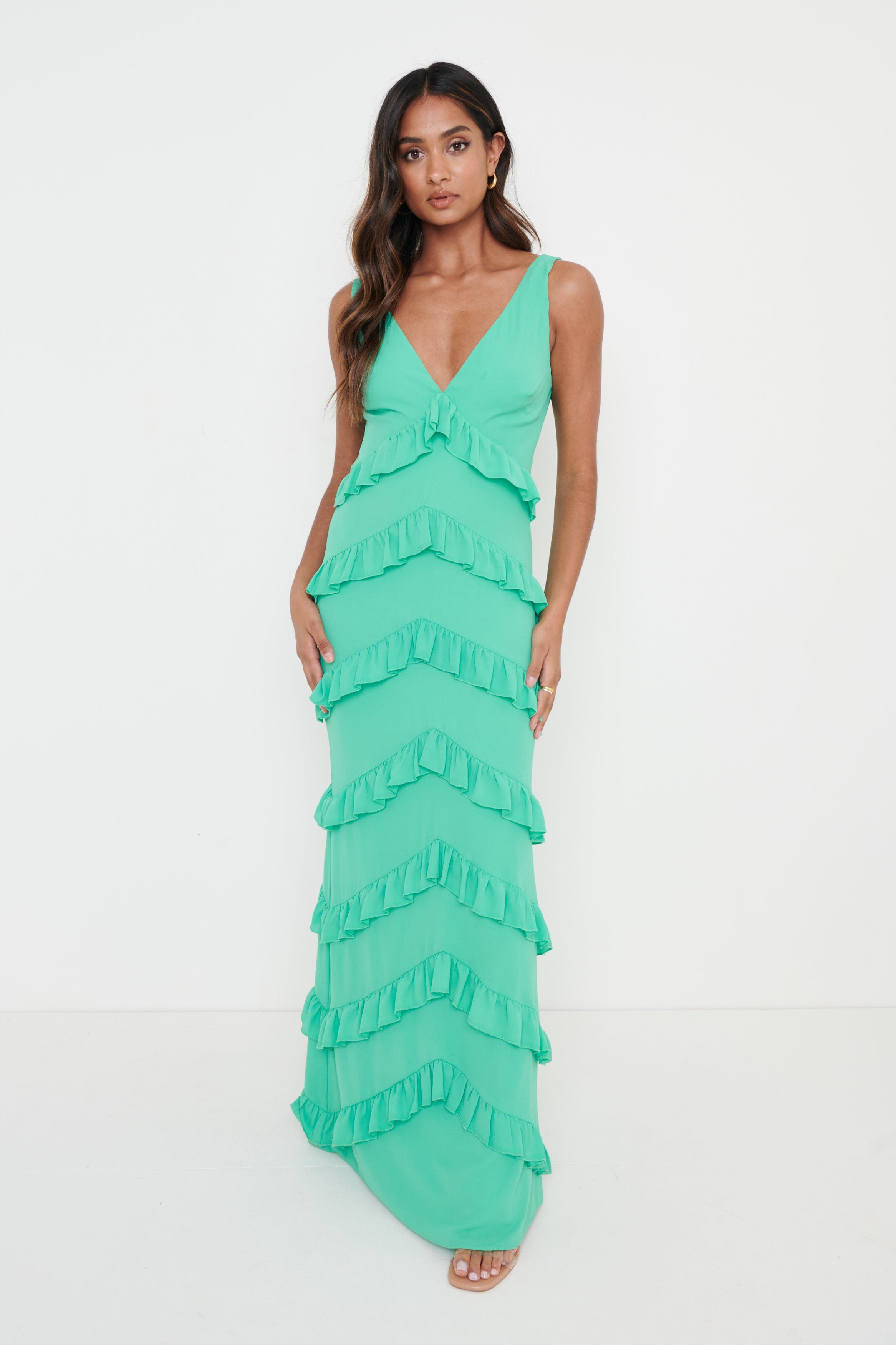 Flutter Sleeve Cutout Tie-Back Maxi Dress with Tiered Ruffle Skirt