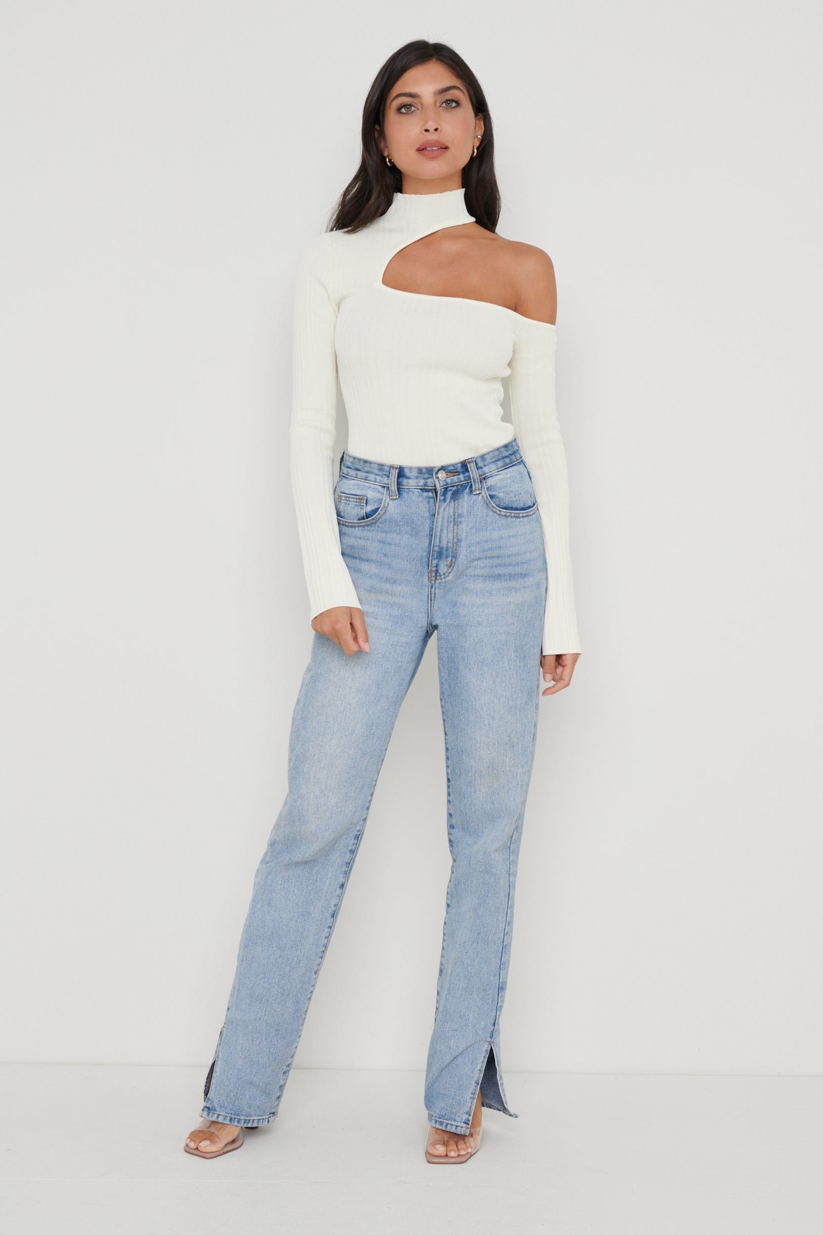 Presley High Neck Cut Out Knit Top - Cream