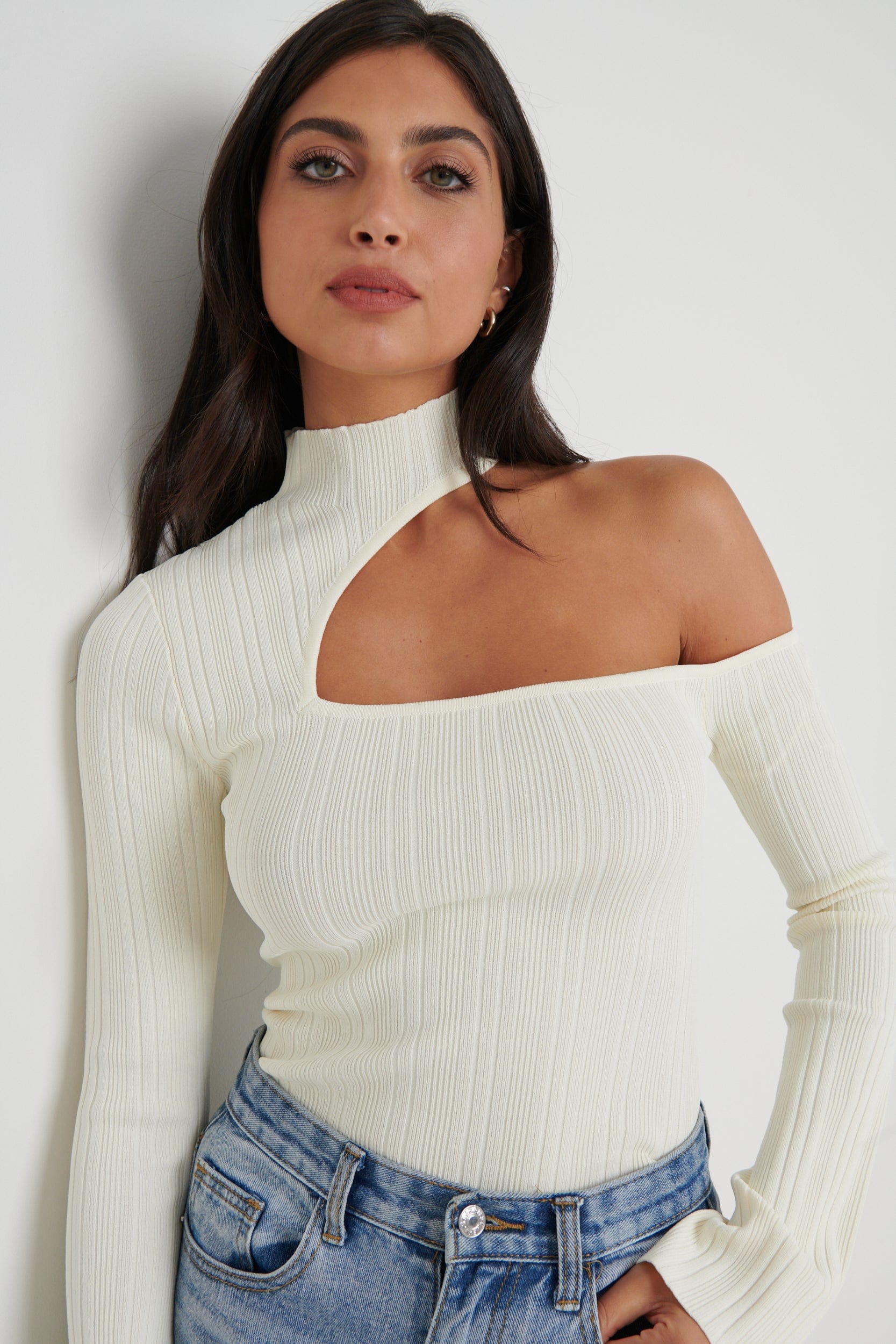 Presley High Neck Cut Out Knit Top - Cream