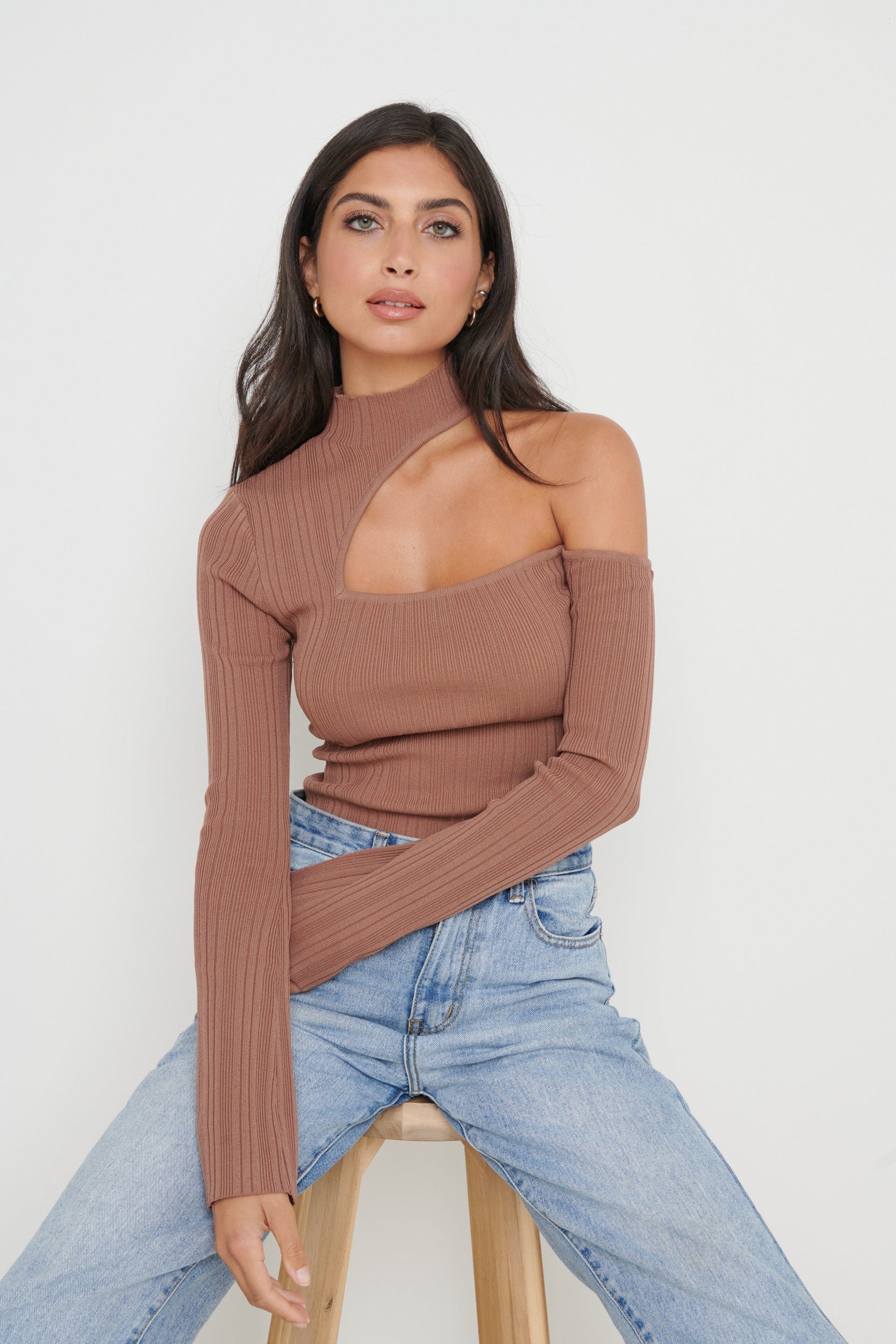 Presley High Neck Cut Out Knit Top - Chocolate Brown