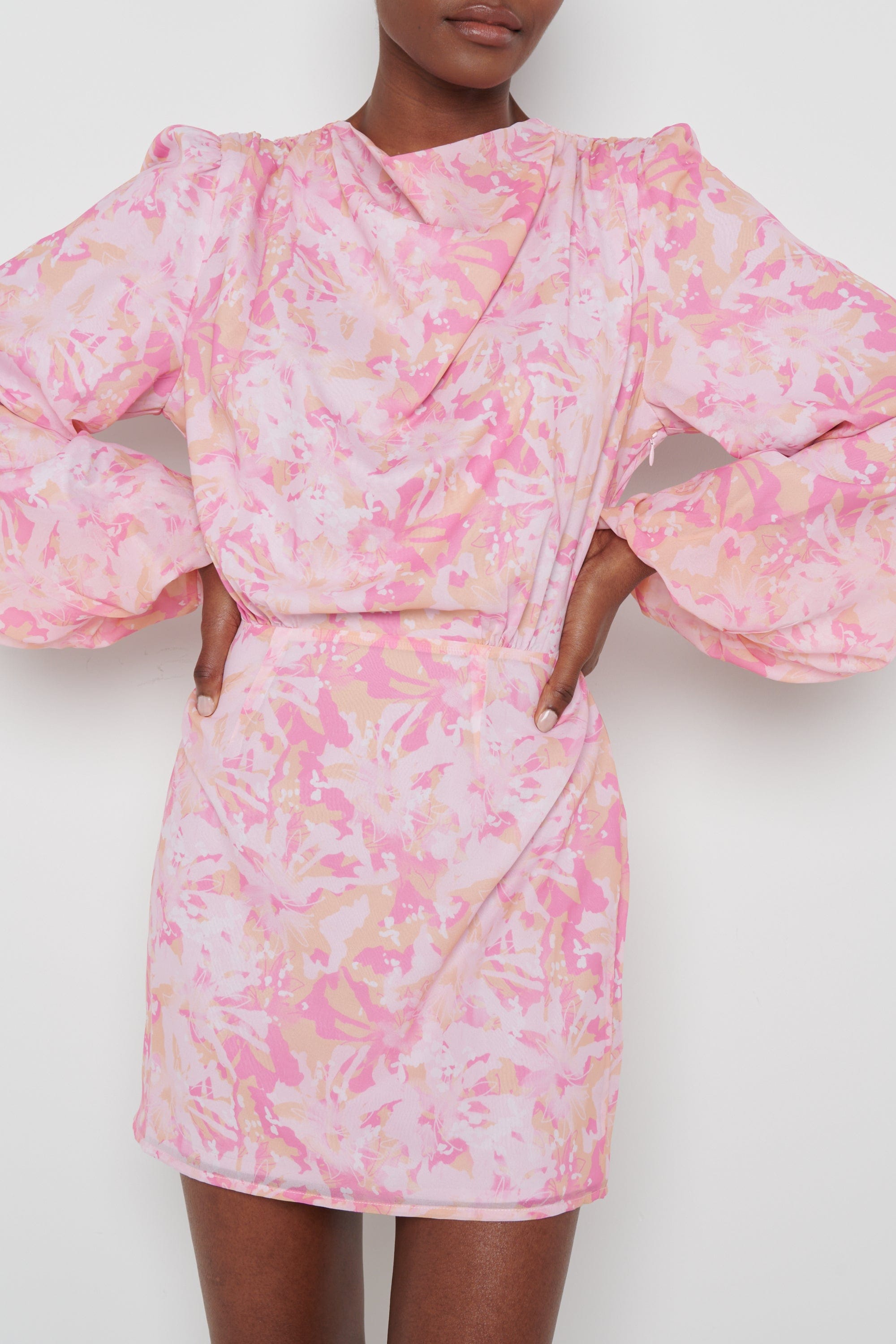 Rachel Cowl Neck Pleated Mini Dress Pink Abstract