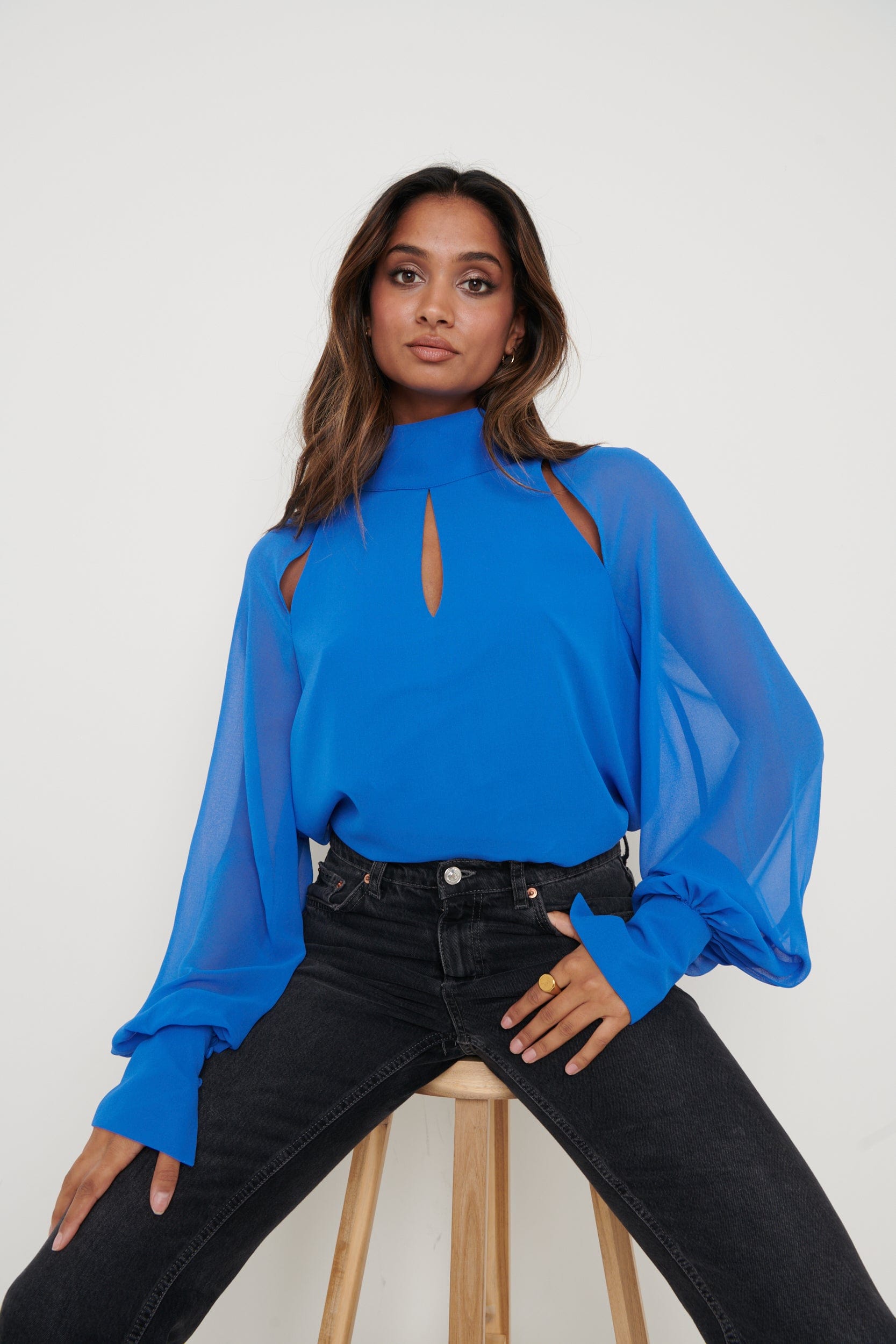 Romy Cut Out High Neck Blouse - Blue