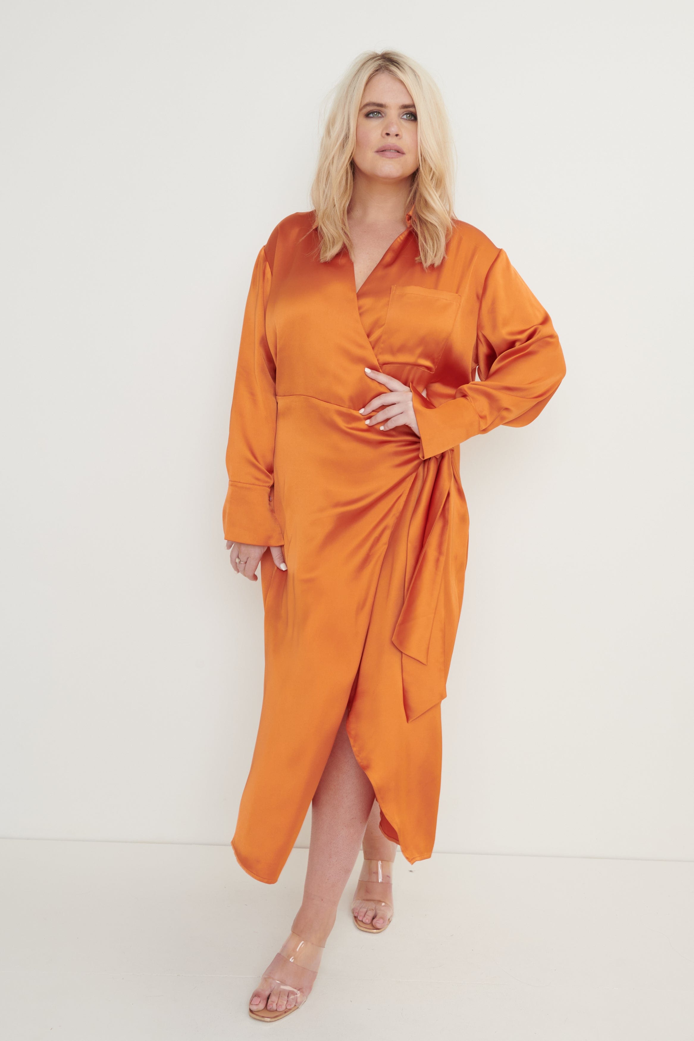 Ronnie Satin Wrap Dress Orange Pretty Lavish ronnie-satin-wrap-dress-orange-pretty-lavish
