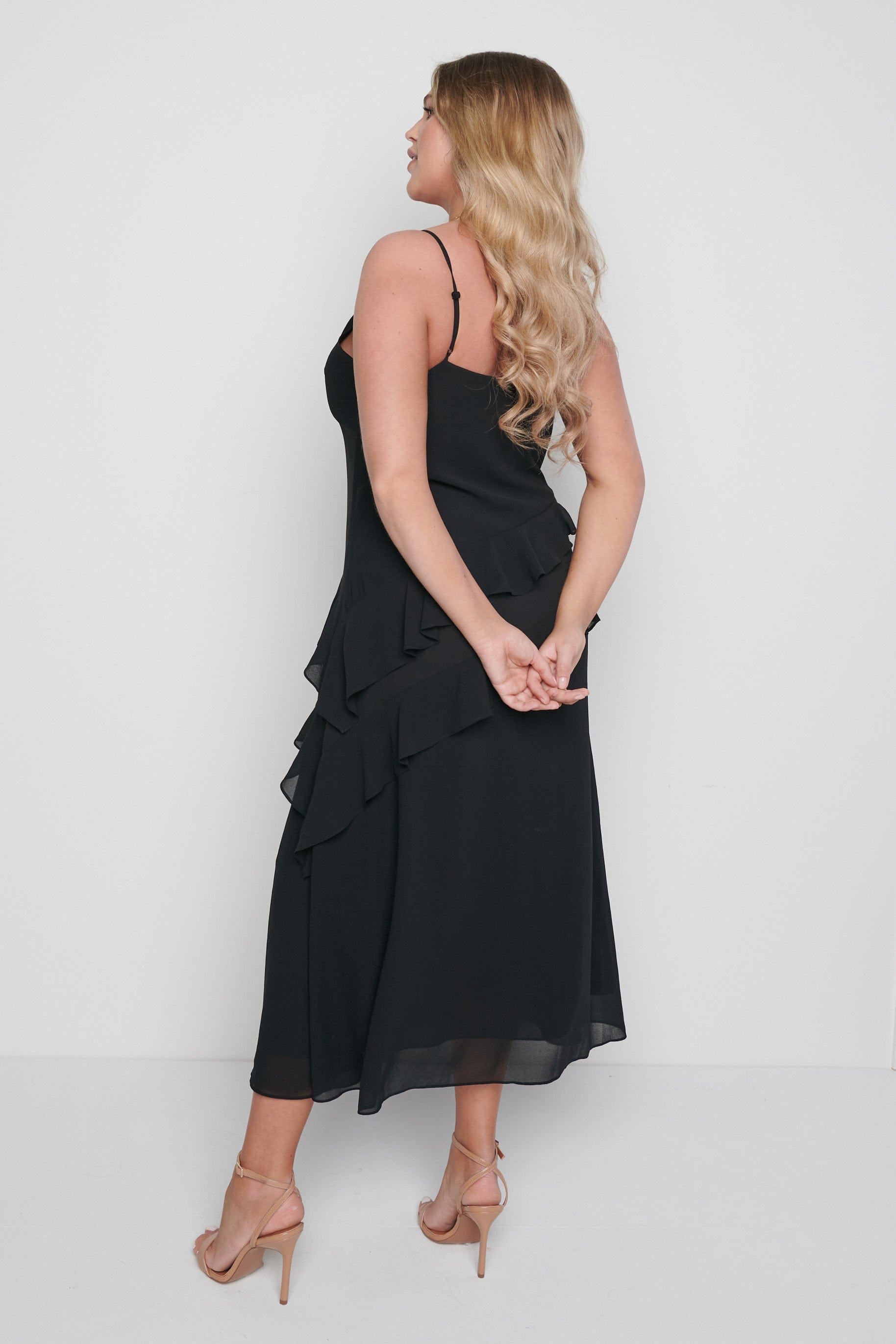 Saskia Midi Ruffle Dress - Black