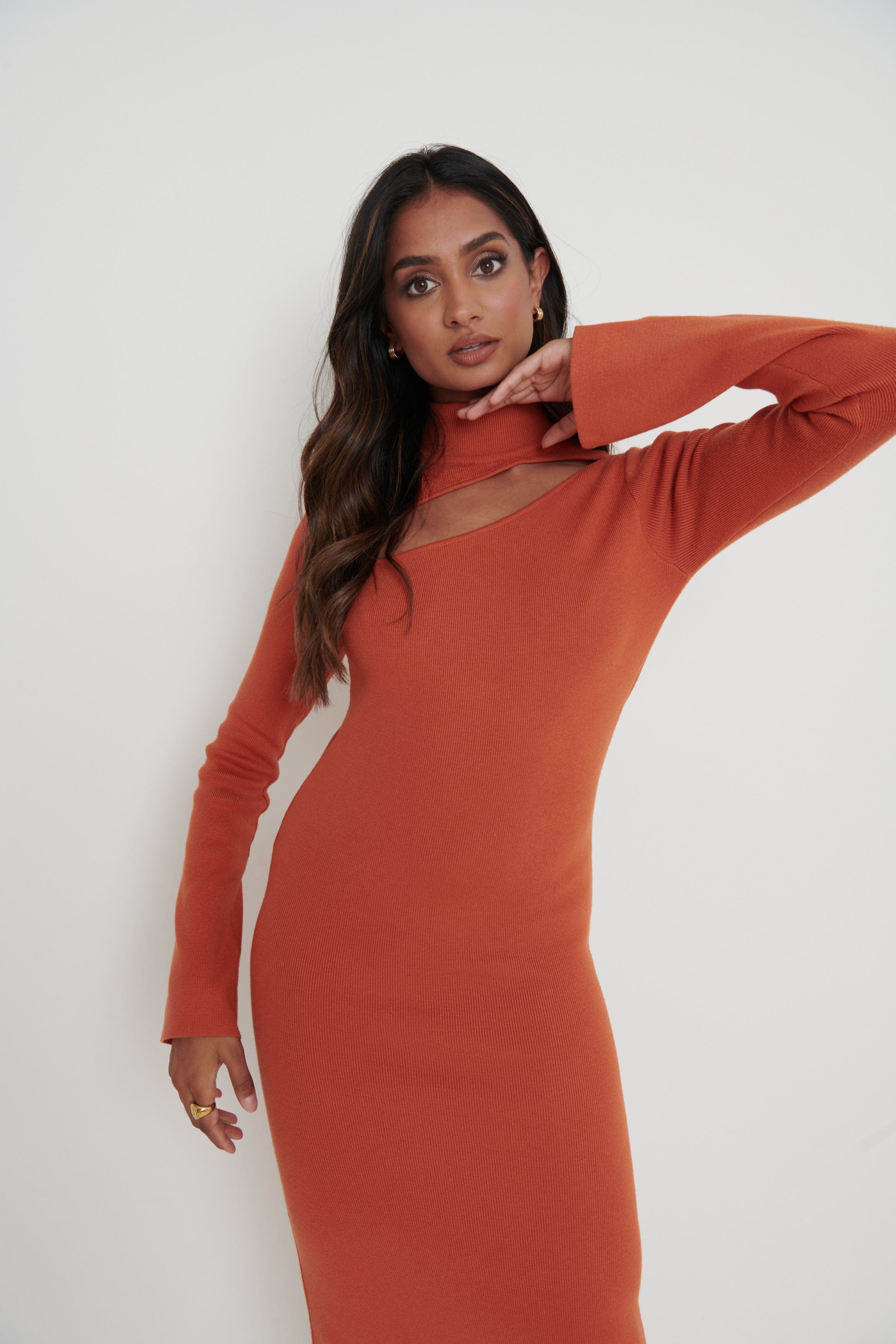 PrettyLittleThing PLT Shape rust orange sheer knit lace up maxi dress.UK  Size 8