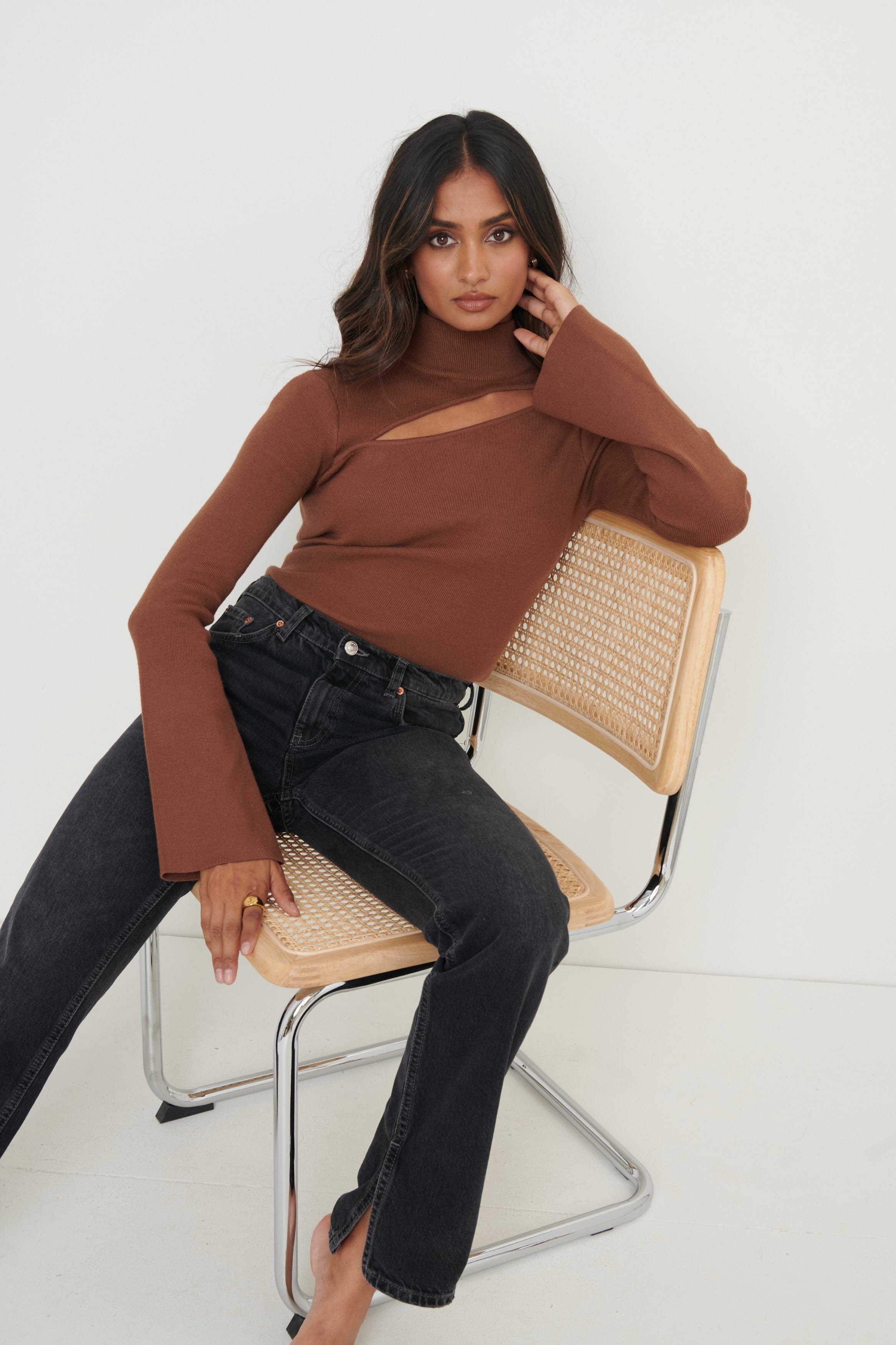 Shani Cut Out Knit Top - Brown