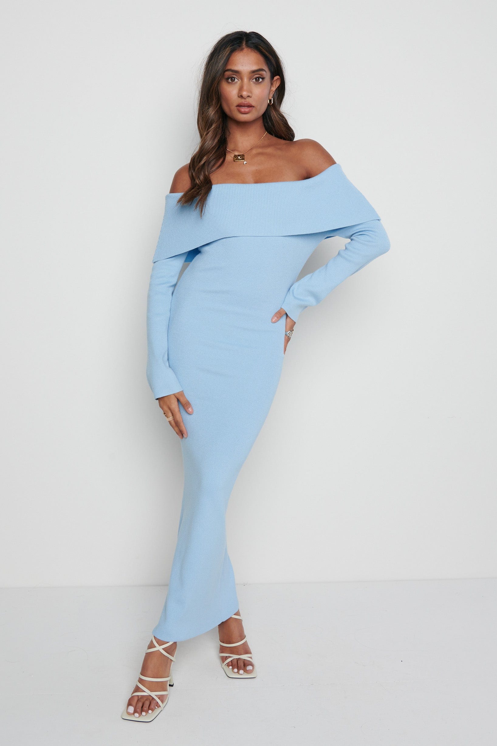 Soreya Bardot Knit Dress- Blue – Pretty Lavish