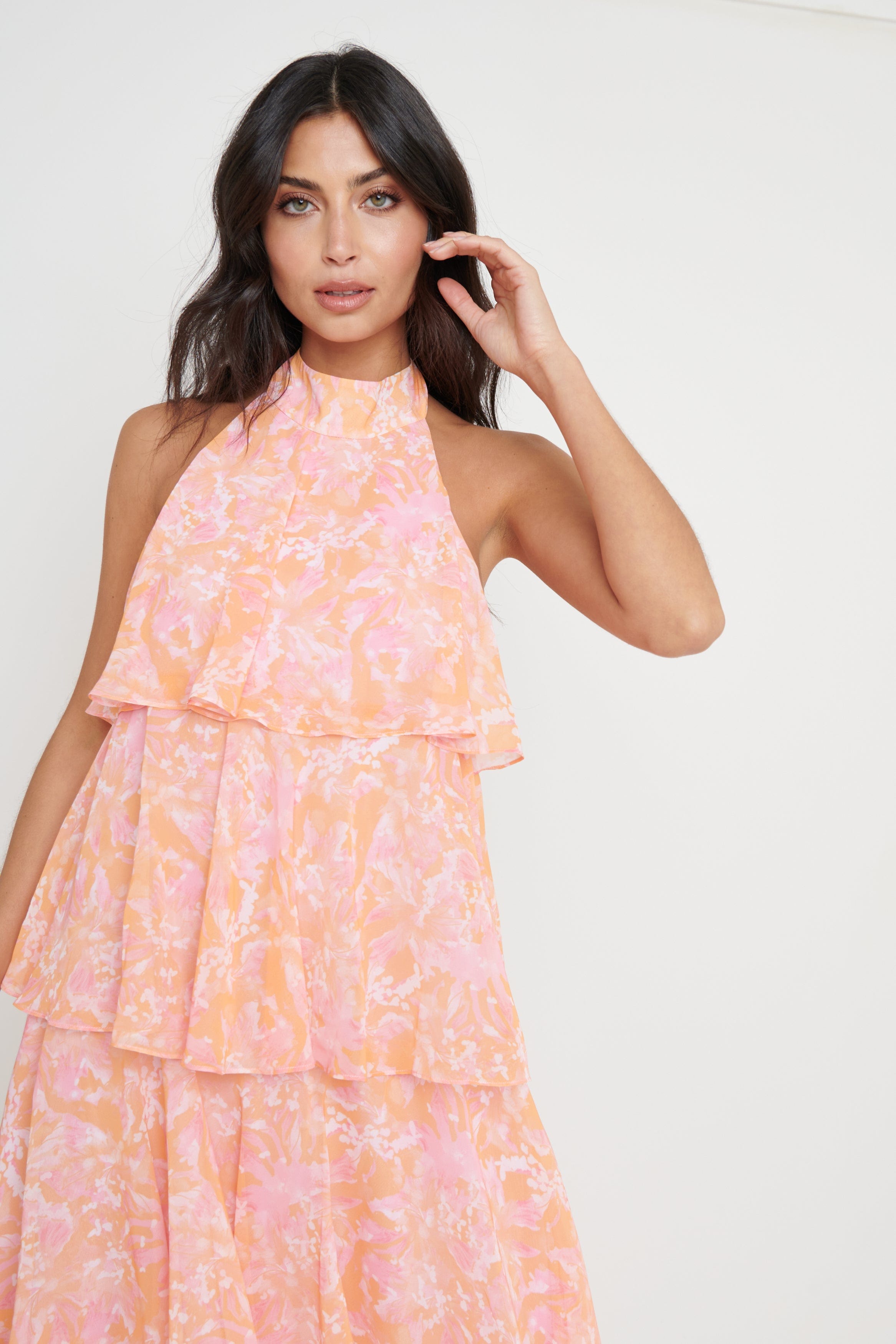 Thea Halter Neck Ruffle Dress - Pink and Orange Floral