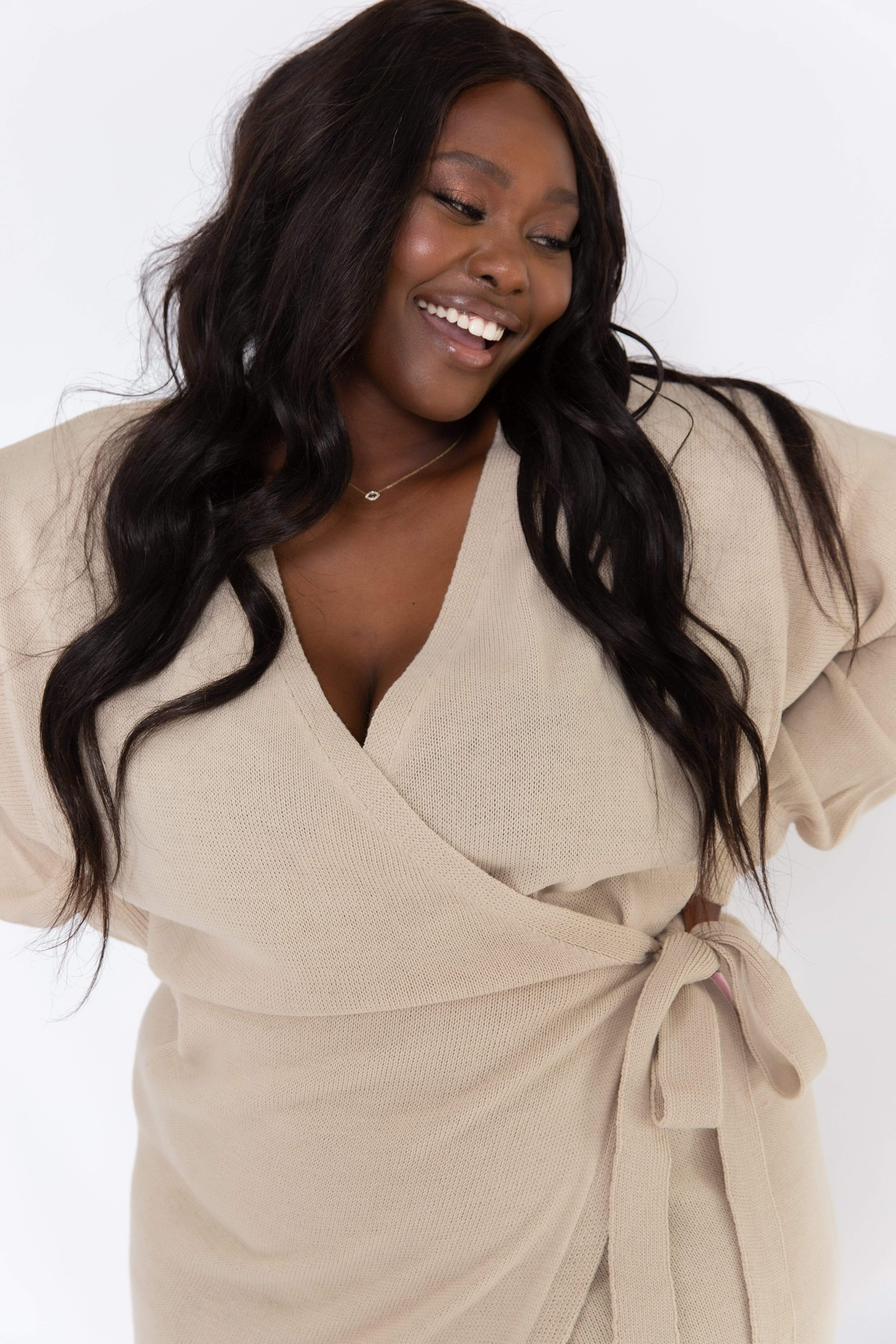 Curve Beau Wrap Midi Dress - Beige Pretty Lavish Curve Beau Wrap Midi Dress - Beige Pretty Lavish