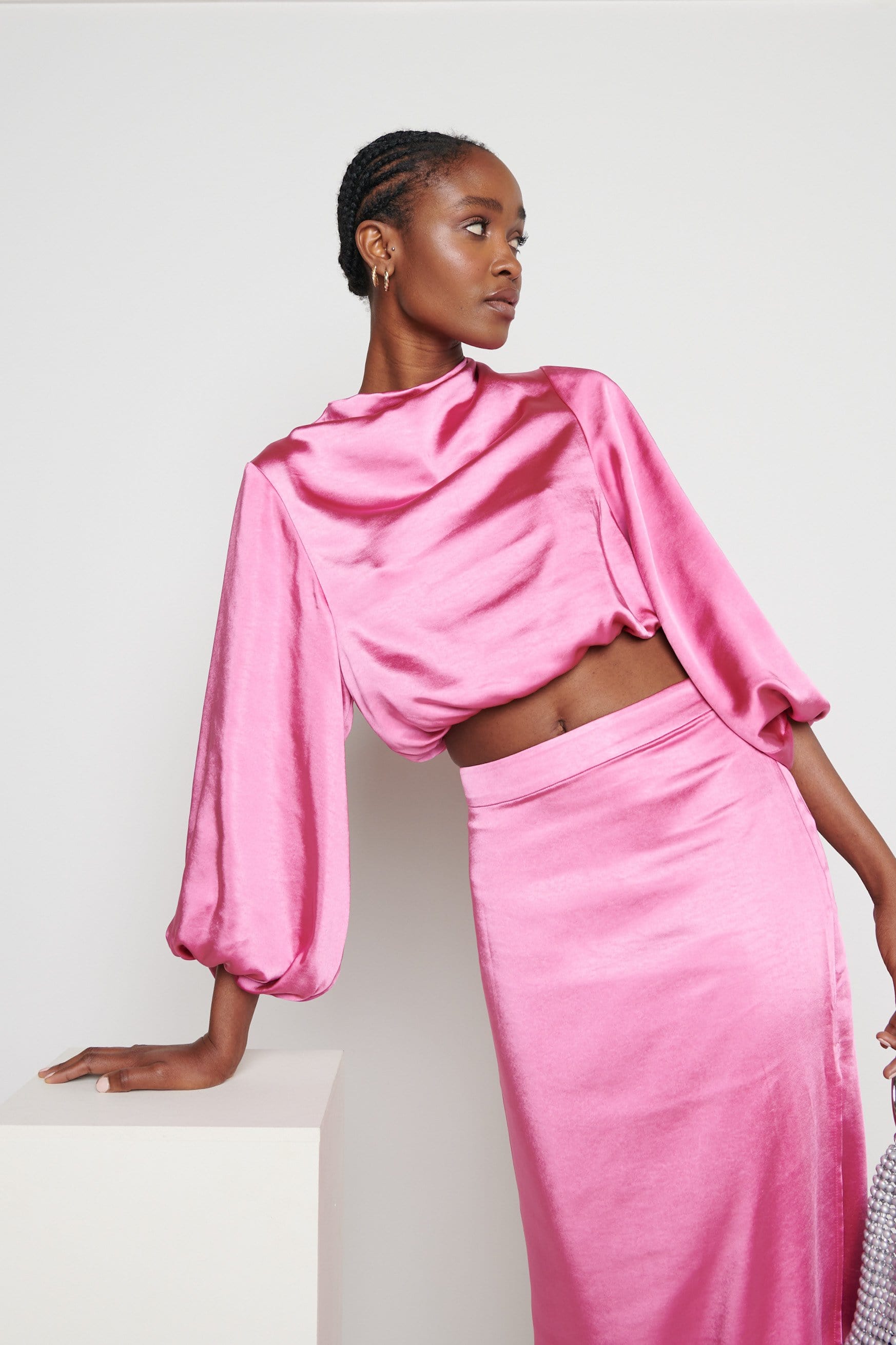 Yasmin Balloon Sleeve Crop Blouse - Millenial Pink