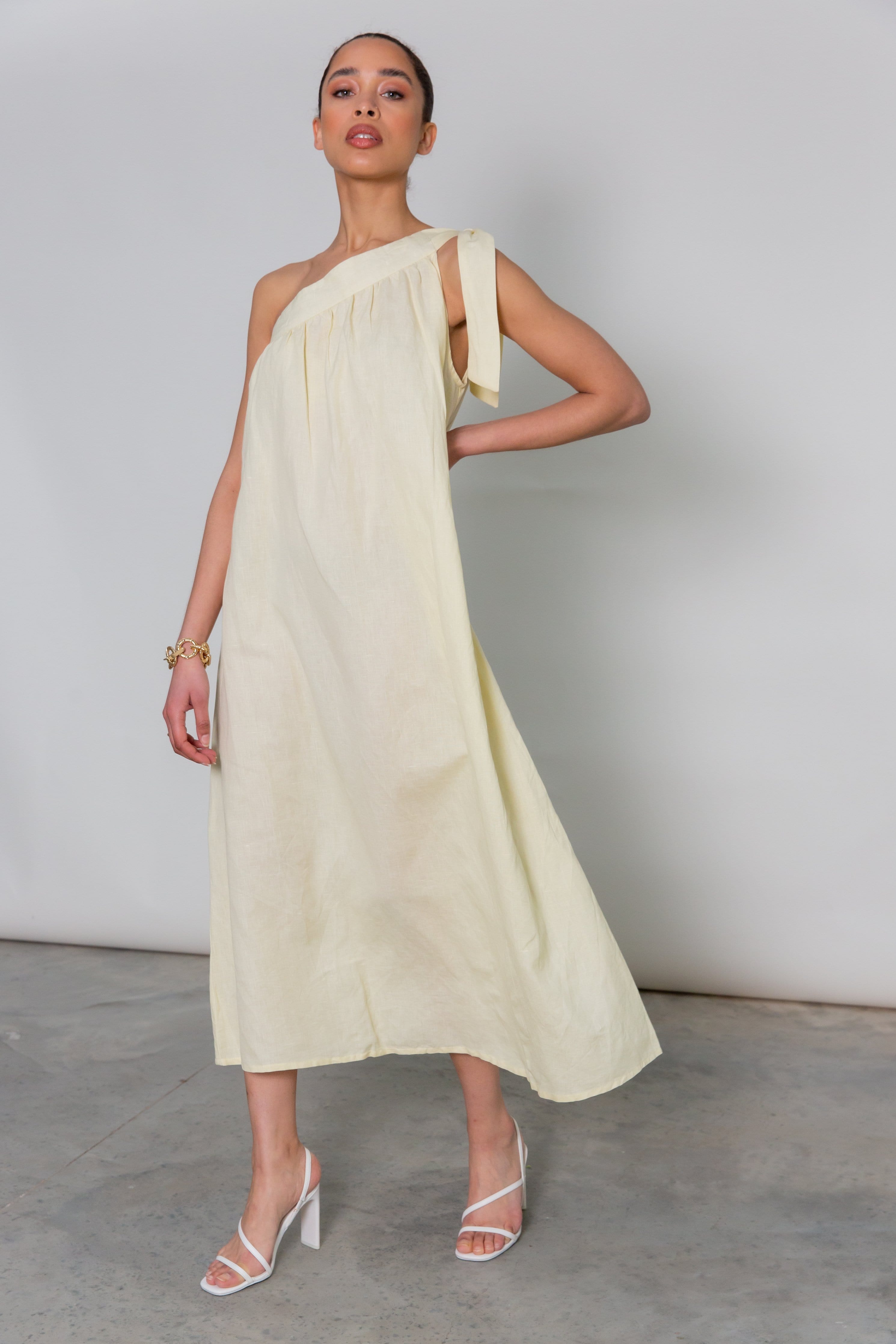 Oria One Shoulder Midi Dress - Lemon Yellow