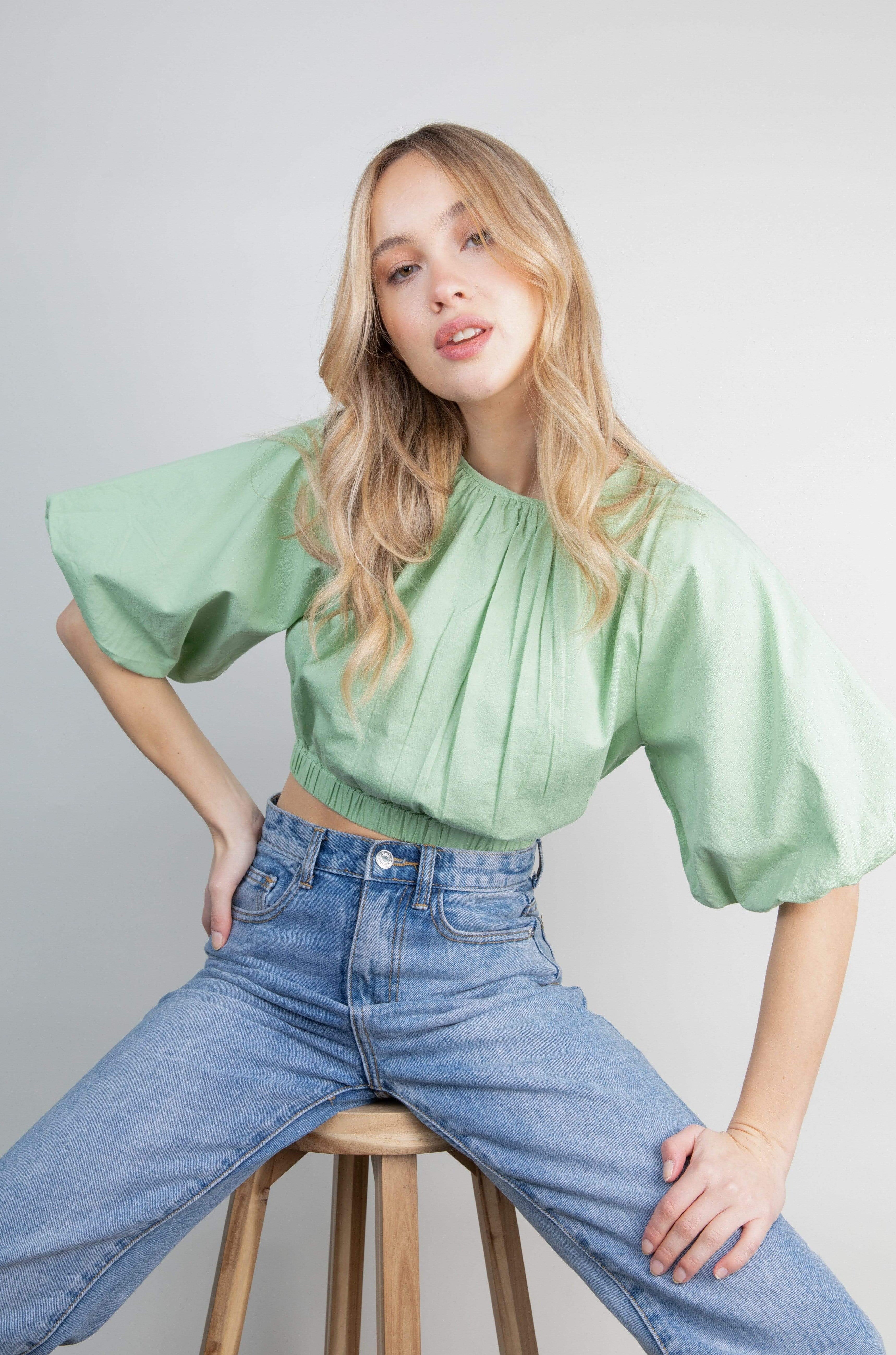 Ruby Puff Sleeve Blouse - Pastel Green (4827783987293)